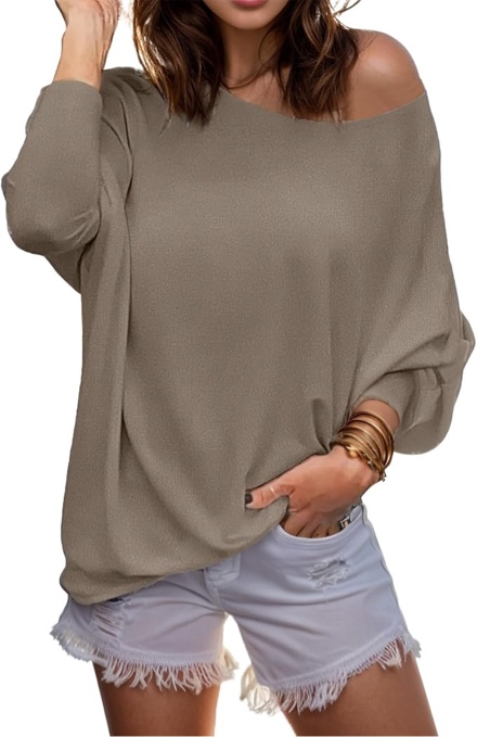 Cnlinkco Size Large Women Off Shoulder Tunic Tops Long Sleeve Loose Fit Batwing T-Shirt Dolman Lightweight Casual Womens Tops
