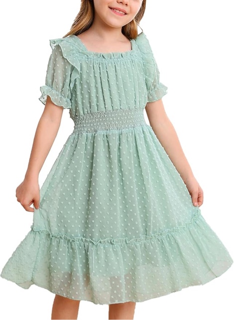 (8Y) Girls Dresses Ruffle Square Neck Chiffon Swiss Dot Dress Cute Party Casual