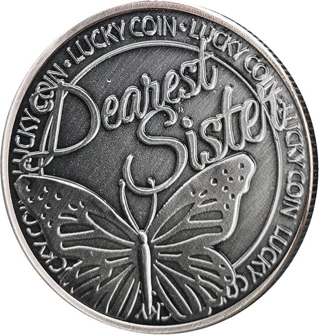 Antique Silver Lucky Coin with Butterfly and Four-Leaf Clover for Dearest Sister
