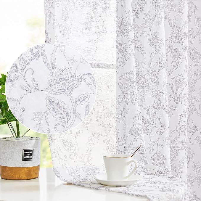 Vangao Farmhouse Sheer Curtains Grey Floral Printed 63 Inches Length 2 Panels Set for Living Room Bedroom Vintage Voile Rod Pocket Window Drapes