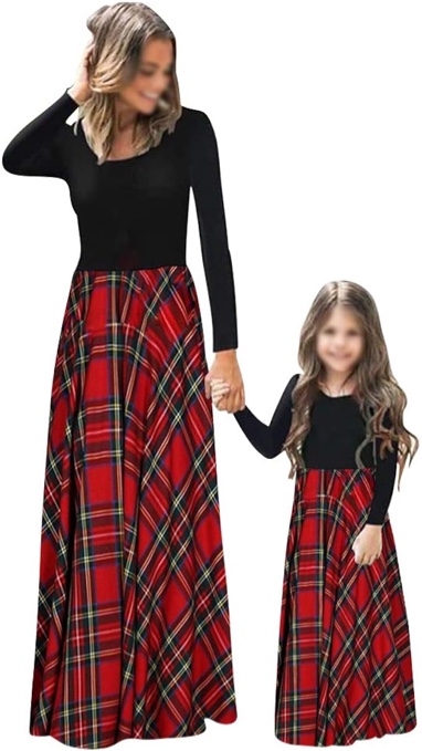 popreal mommy and me maxi dresses casual floral printed plaid long sleeve with pockets (120)