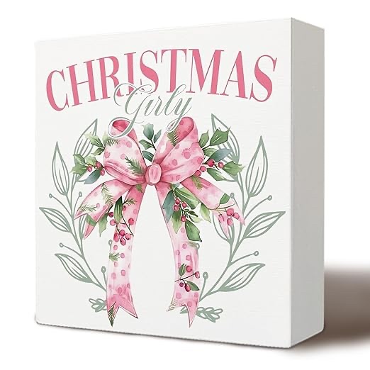 Coquette Pink Bow Girly Christmas Holly Berries Wooden Box Sign - Pink Christmas Decor for Home Office Desk Table Shelf - 5x5 Inch