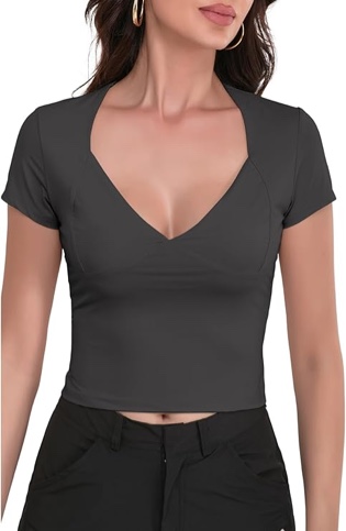 fulnew womens v neck short sleeve slim fit t shirts summer trendy seamed cup y2k going out tops(darkgrey,s)