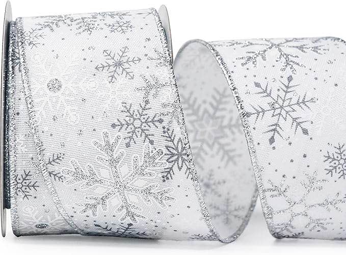 Altier White Ribbon Silver Snowflake Wired Ribbon - 2.5 Inch x 10 Yards (30 Ft) x 1 Roll for Christm