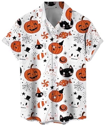 (Size 2XL) Funny Halloween Shirts Unisex Scary Cute Longsleeve Button Up Halloween Hawaiian 