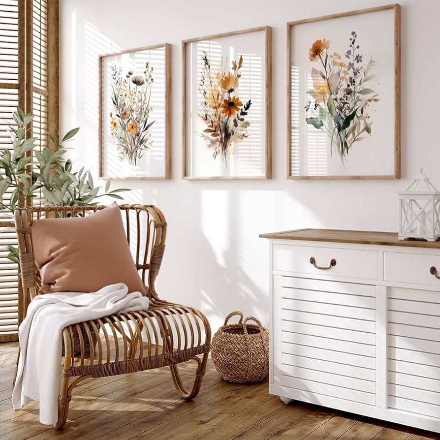 Vintage Botanical Wall Art Boho Plant Wall Decor Set of 3 Minimalist Flower Canvas Poster Print Black Floral Aesthetics for Farmhouse Bedroom Living Room Wood Framed 12x16 Inch Wood framed 12X16 inch Vintage Flower