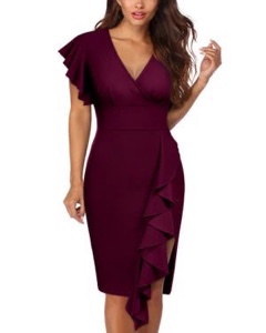 Knitee Women's Deep-V Neck Ruffle Sleeves Cocktail Party Pencil Slit Formal Dress (Wine, Medium)