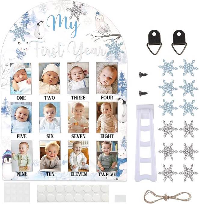 CORNER LACE Winter Arctic Polar Animals My First Year Photo Frame, Baby's First Year Picture Frame, Newborn 12 Months Milestone Memories Display Wood Board for 1st Birthday Decorations Keepsake Gift