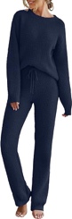 MEROKEETY Women's 2024 Fall Winter Fuzzy Fleece Long Sleeve Pajama Set 2 Piece Sweater Top and Shorts Loungewear, SolidBlue, Small