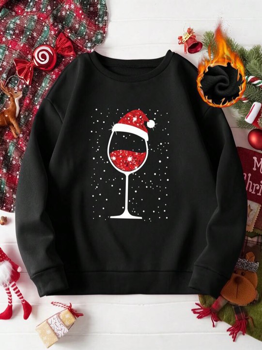 Christmas Wine Glass Printed Thermal Lined Sweatshirt