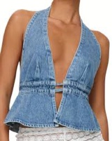 Women Sexy Denim Camisole Corset Bustier Zip Up Sleeveless Crop Tank Top Summer Tie Up Spaghetti Strap Backless Vest - XL