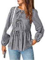 MEROKEETY Women's 2024 Tie Front Plaid Blouse Shirt Cute Puff Long Sleeve Crewneck Button Y2K Ruffle Babydoll Peplum Tops, Navy, X-Large 
