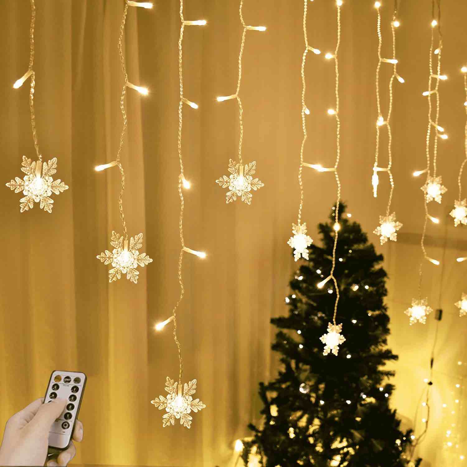 Snowflake Window Curtain Lights, 4m 96 LED Snowflake Christmas Icicle Lights with Remote,18 Drops,8 Modes Twinkle Fairy Light for Christmas Tree,Bedroom,House, Holiday,Yard Decoration