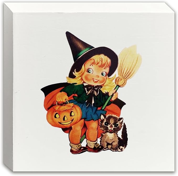 Ty-mh-014 Halloween Witch Decorations, Retro Halloween Witch Girl Wooden Box Sign, Cute Halloween Decor, Halloween Decorations for Home Office Desk Table Shelf Decor, 5x5 Inch