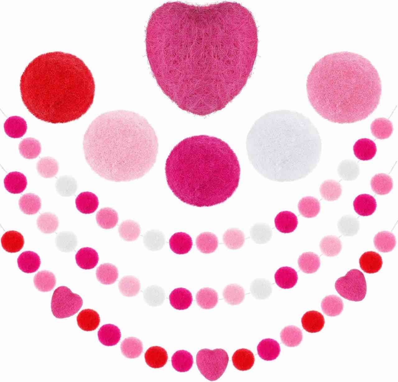 Tatuo 3 Pieces Wool Felt Ball Garland 6.56 ft Pom Pom Garland Banner Felt Heart Hanging for Wall Indoor Outdoor Home Party Supplies(Romantic Colors)