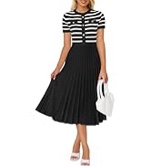 ZESICA Women's Striped Midi Dress Casual V Neck Short Sleeve Ribbed Knit Elastic High Waist Pleated Swing Dresses,Black,Large