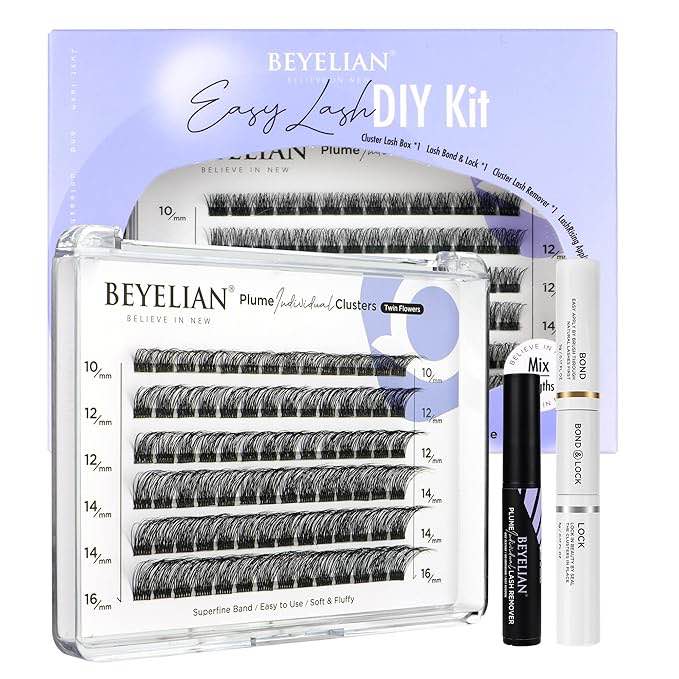 BEYELIAN Lash Extension Kit Cluster Lashes Kit with 84 Pcs Lash Clusters, Clusters Eyelash Applicator Tool, Cluster Lashes Bond and Seal Super Hold, Clusters Lash Glue Remover Easy to Apply at Home