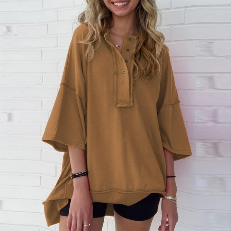 (Size M) Virmaxy Womens Blouses Long Sleeve Shirt Women Casual Fashion Solid Color Button T-Shirt Long Sleeves One Shoulder Top Blouse Tops Brown