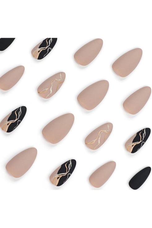 Almond Press on Nails Medium Length Fake Nails, LPOODDNU Black Press on Nails Matte False Nail Tips with Gold Strips Glossy Full Cover Glue on Nails Reusable Stick on Nails for Women Manicure Decor