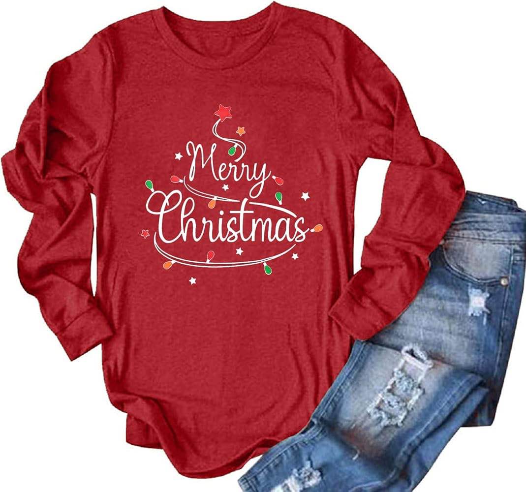 (Large) Christmas T Shirts Women Christmas Long Sleeve 