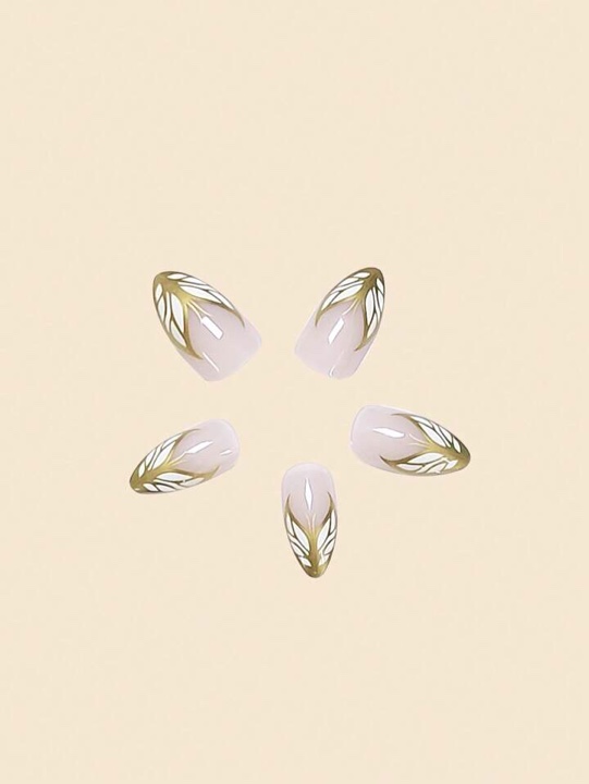 24pcs Long Almond Shaped French Style Gold Butterfly Design Full Coverage Press On Nail Set With Jelly Glue & Nail File, Suitable For Daily Wear