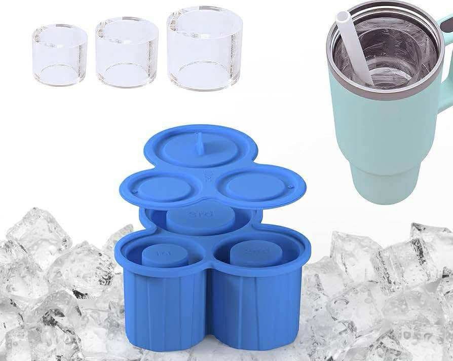 Ice Cube Tray with Lid and Bin for 30-40 oz Tumblers, Silicone Molds for 3 Ice Cubes, Cocktails and Coffee