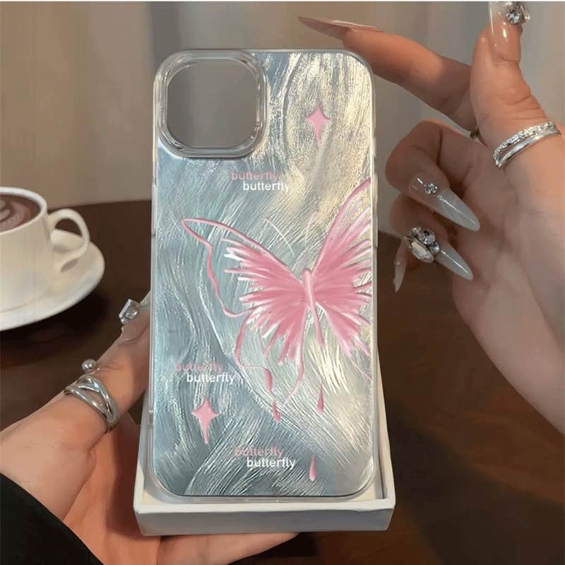 Compact Case for iPhone 14 Pro Pink Butterfly Design,Cute Trendy Soft Slim TPU Shockproof Protective Phone Cases Cover for Women Girls Aesthetic Glitter?Shiny Silver