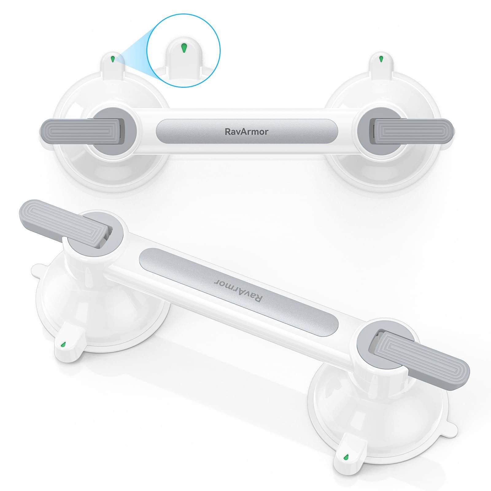 RavArmor 2 Pack Grab Bars for Shower with Safety Color Indicator, Nano-Glue Vacuum Suction Cup, Anti-Slip & Thicken Shower Handle for Elderly Seniors, Bathroom Bathtub Balance Assist Grab, White