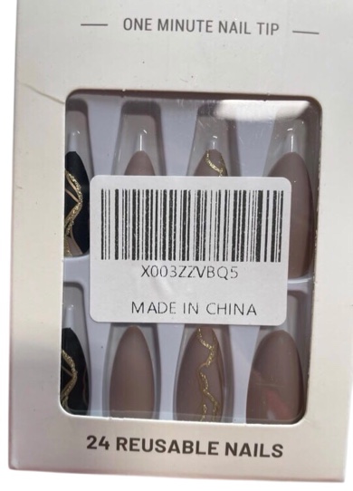 Almond Press on Nails Medium Length Fake Nails, LPOODDNU Black Press on Nails Matte False Nail Tips with Gold Strips Glossy Full Cover Glue on Nails Reusable Stick on Nails for Women Manicure Decor
