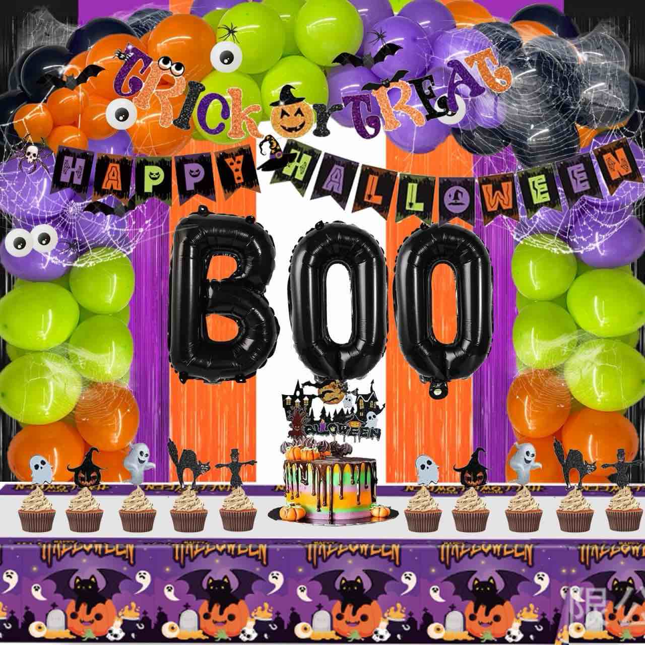 Fiesec Halloween Party Decorations, 137 Pieces Happy Halloween Party Decorations Purple Black Orange Fringe Curtain Trick or Treat Glitter Banner Balloon Garland Fake Spider Web Tablecloth Cake Topper
