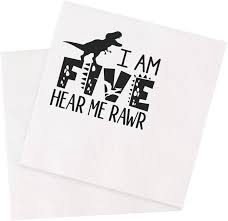 VOWFOO I Am Five Hear Me Rawr Funny Dinosaur Quotes Cocktail Napkins Disposable Paper Napkins for Dinosaur-Themed Children's 5th Birthday Party 100Pcs 4.5 x 4.5 2-ply (I Am Five Hear Me Rawr)
