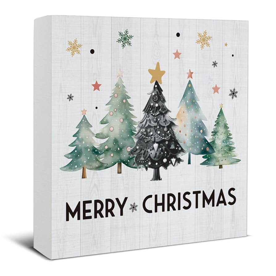 Christmas Tree Decor Sign - 5 x 5 Inch Desk Accessories for Home Office & Table - Green