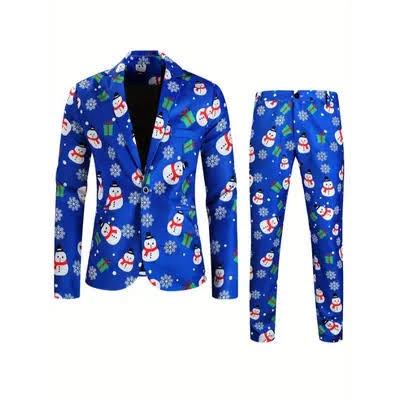 (Small) Tuxedo Suits Men Regular Fit Suit Christmas Print