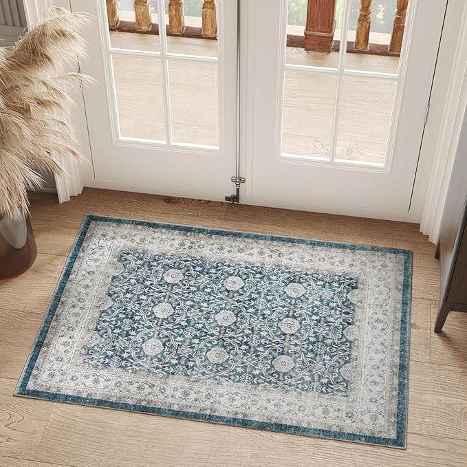 jinchan Area Rug 2x3 Entryway - Ultra-Thin Soft Faux Wool Vintage Kitchen Washable Rug Low-Pile Small Oriental Floral Distressed Indoor Doormat Non Slip Carpet for Bedroom Laundry Room Bathroom Blue