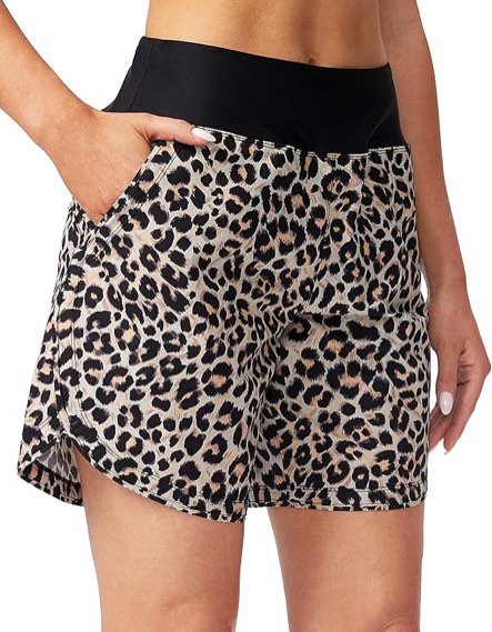 G Gradual Women's 7" Quick Dry Swim Board Shorts Swimming Bottoms — High Waisted Beach Shorts for Women with Liner Pockets (Medium, Leopard)
