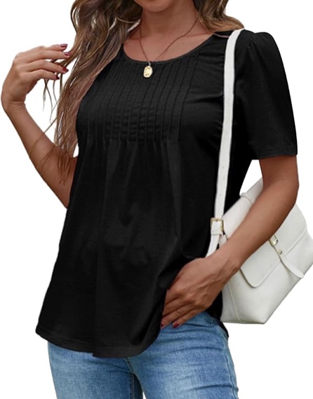 (2X-Large) PopReal Women's T-Shirt Pleated Short-Sleeve Crew Neck Loose Fit Tops Casual Summer 2024 Trendy