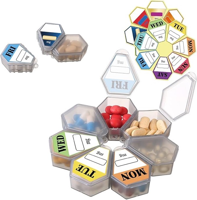 7-in-1 Travel Pill Organizer Set - Assemble into Large Circular Pill Box or Use Separately - Includes 7 Small Pill Box Components (1Pack Gray with 14 Label Stickers)