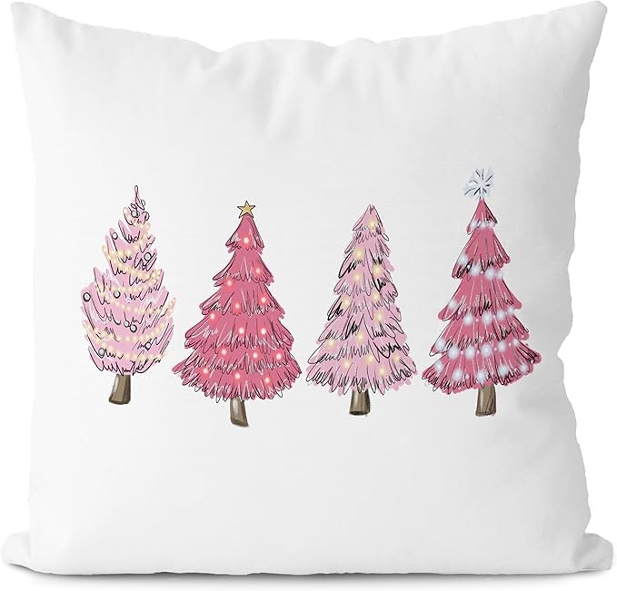 Supwhd Pink Christmas Tree Santa Pillow Covers 18x18 Set of 2, Retro Pink Santa Christmas Tree Throw Pillows Cover, Pink Santa Christmas Pillows Decorative Throw Pillows for Couch Living Room Bedroom