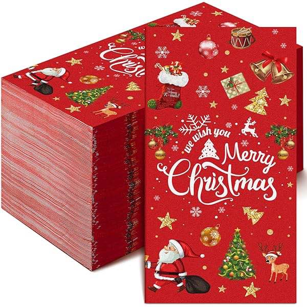 Hioasis 100 Pcs Christmas Red Paper Napkins - Christmas Guest Napkins - 3-ply Disposable Christmas Napkins - Christmas Tree Paper Napkins Hand Towels for Christmas & Party
