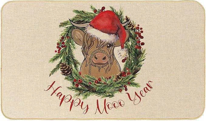 AnyDesign Christmas Welcome Doormat Highland Cow Front Door Mat Happy Mooo Year Non-Slip Door Rugs Indoor Outdoor Carpet Floor Mat