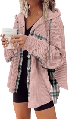 (X-Large) SHEWIN Womens Waffle Knit Plaid Shacket Boyfriend Button Down Shirt Hooded Jacket Loose Long Sleeve Tops