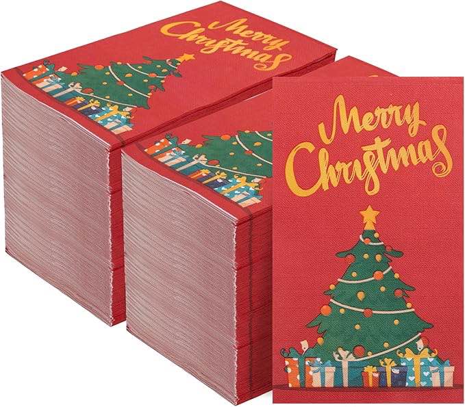 Hioasis 100 Pcs Christmas Red Paper Napkins - Christmas Guest Napkins - 3-ply Disposable Christmas Napkins - Christmas Tree Paper Napkins Hand Towels for Christmas & Party