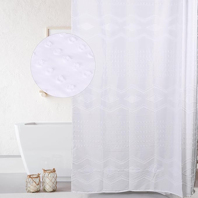 EXYGLO White Fabric Shower Curtain, Point and Rhombic Striped Tufted Boho Shower Curtain Set with 12 Hooks, Chic Textured Shower Curtains for Bathroom, Hotel Decor, 71"x71"