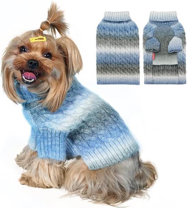 (X-Small) kyeese KYEESE Dog Sweater Thick Cable Knit Puppy Sweater Gradient Color Small Dog Sweater Fuzzy Warm with Sleeves, Blue, X-Small