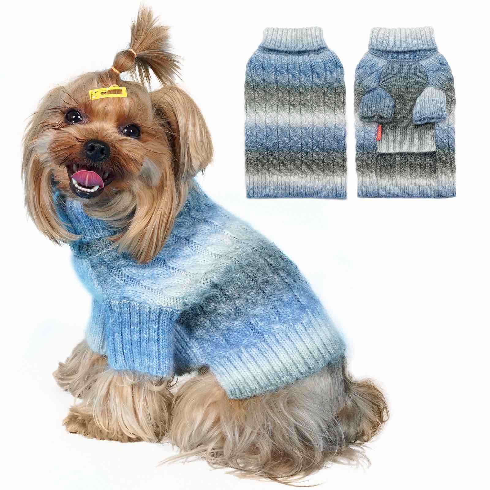 kyeese KYEESE Dog Sweater Thick Cable Knit Puppy Sweater Gradient Color Small Dog Sweater Fuzzy Warm with Sleeves, Blue, X-Small