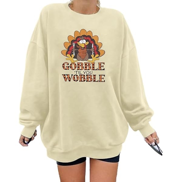 (Size S) FASHGL Thanksgiving Sweatshirt Women Gobble Til You Wobble Shirt Funny Turkey Graphic Shirt Casual Long Sleeve Pullover Tops