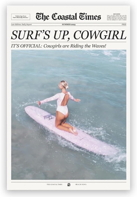 GyXzodonti Surf's Up Cowgirl Poster Beach Art Prints surfboard wall decor Vintage Beach Pictures Bea