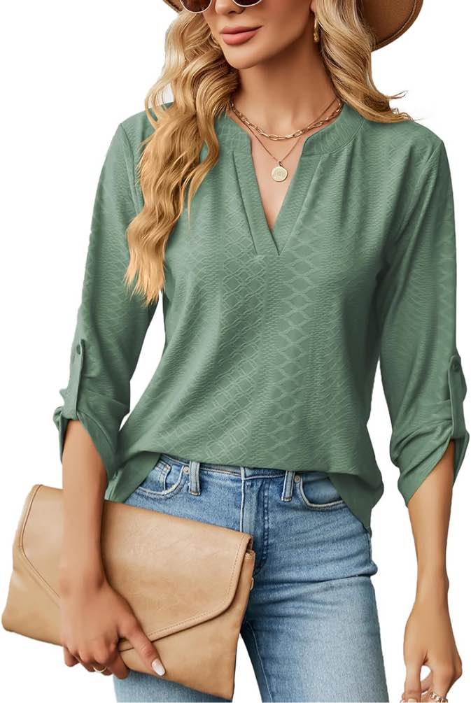 TOBEMORE Womens 3/4 Sleeve Tops Blouses Business Casual Dressy Tops V Neck Lightweight Jacquard Work Shirts Small 3/4 Sleeve Green