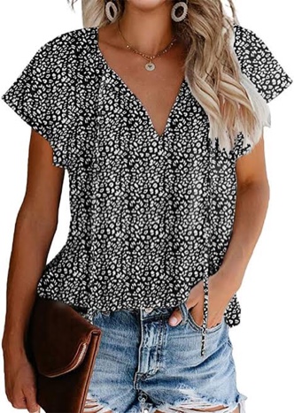 BIOHANBLE Womens Summer V Neck Shirts Casual Boho Tops Cute Floral Ruffle Short Sleeve Loose Blouses 2024