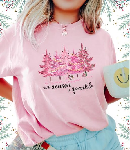 (X-Large) Pink Christmas Comfort Colors Shirt, Pink Christmas Tree Shirt